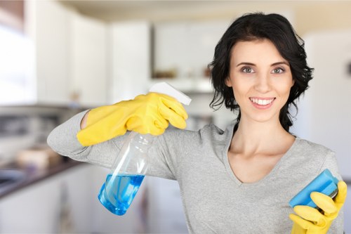 Cleaner wearing protective gear while handling cleaning tasks