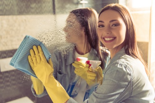 Routine cleaning tasks in a Greenwich property bathroom and hallway
