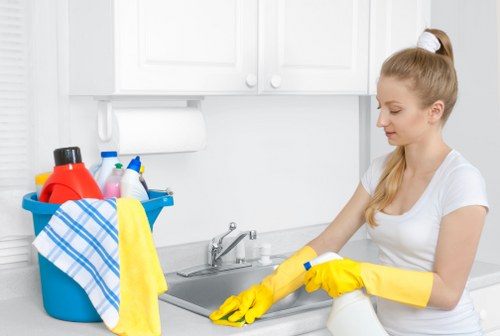 Local carpet cleaning team preparing equipment in a Greenwich business property